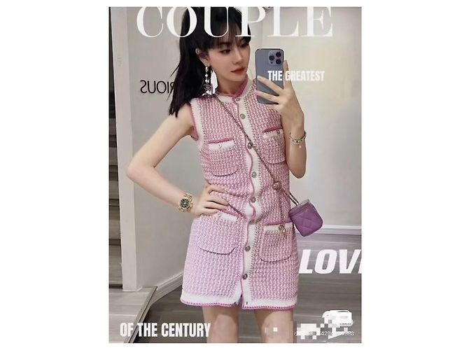Vestido Chanel 22P de algodão xadrez rosa e branco - vista 5