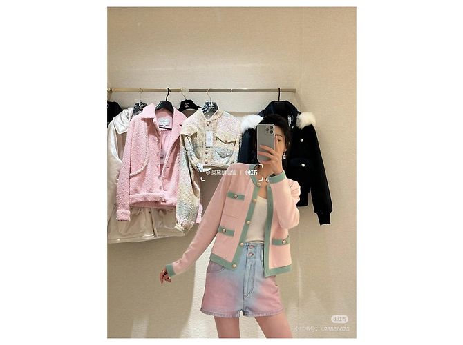 Chanel 24C Cardigã de cashmere rosa e verde - vista 5