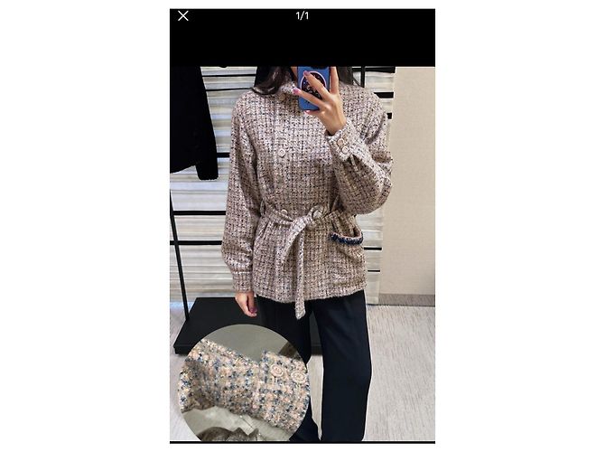 Giacca Chanel 24K in tweed multicolore a quadri con cintura - vista 8