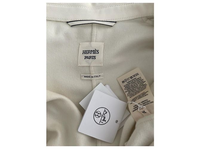 Hermès Mantel aus weißem Kaschmir mit Lederbesatz Größe 34 - Ansicht 3