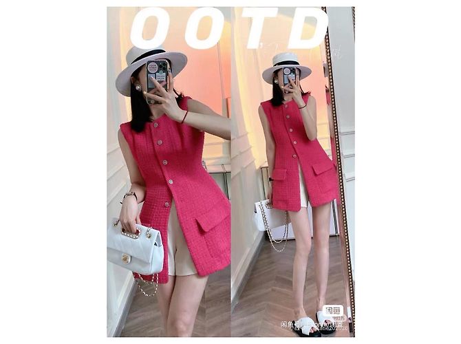 Chanel 22S Ärmellose lange Tweed Jacke Rosa - Ansicht 5
