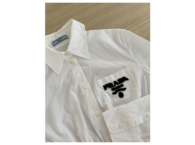 Camicia Prada Bianca in Cotone con Logo Floccato - vista 4