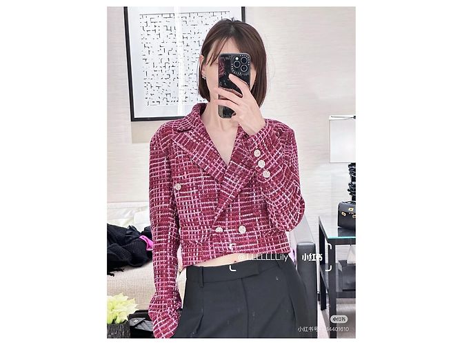 Chaqueta CHANEL 23S de tweed a cuadros Burgundy - vista 7