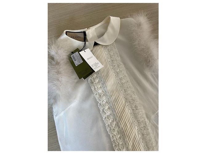 Top Gucci de seda branco com mangas de penas - vista 4