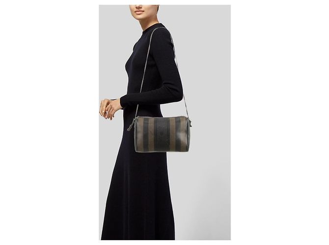 Fendi Pequin Gestreifte Schultertasche Schwarz/Beige - Ansicht 11