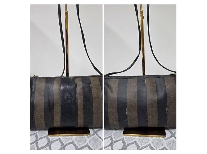 Fendi Pequin Gestreifte Schultertasche Schwarz/Beige - Ansicht 4