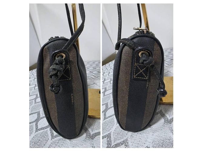 Fendi Pequin Gestreifte Schultertasche Schwarz/Beige - Ansicht 5