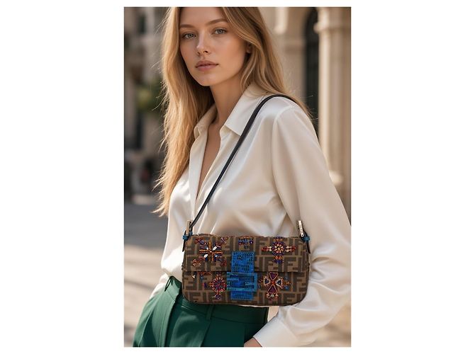 Fendi Borsa Baguette Zucca Blu Lucertola Ricamata - vista 5