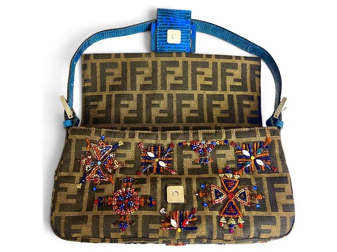 Fendi Borsa Baguette Zucca Blu Lucertola Ricamata - vista 9