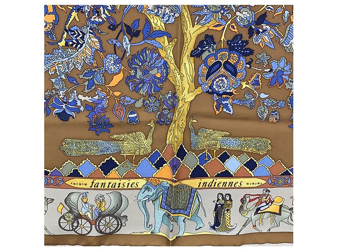 Foulard Hermès Vintage Brown Silk Fantaisies Indiennes Dubigeon - vista 2