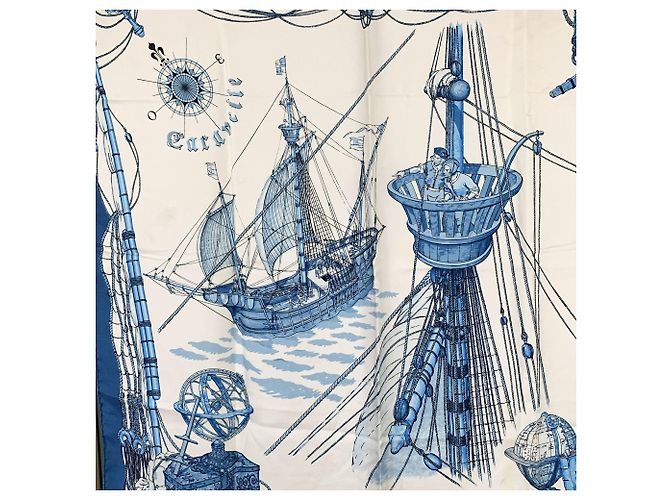 Foulard Hermès Vintage Ocean Blue Silk Caravelle 1965 Ledoux - vista 2