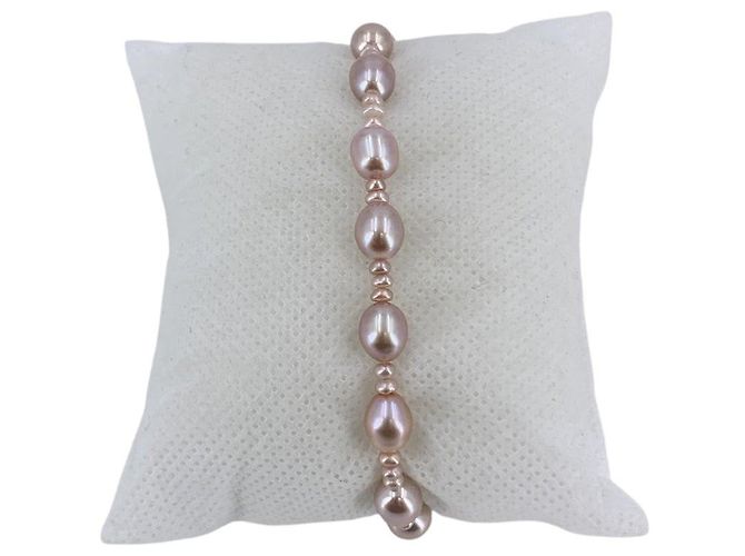 Autre Marque Bracciale in perle d'acqua dolce vintage rosa 6 mm ovali con chiusura a molla - vista 2