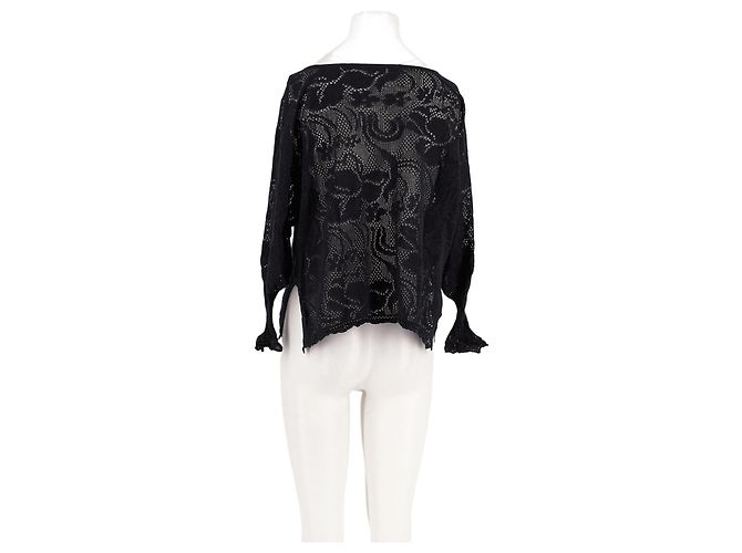 Pull Eric Bompard en coton noir col V dentelle florale - vue 2