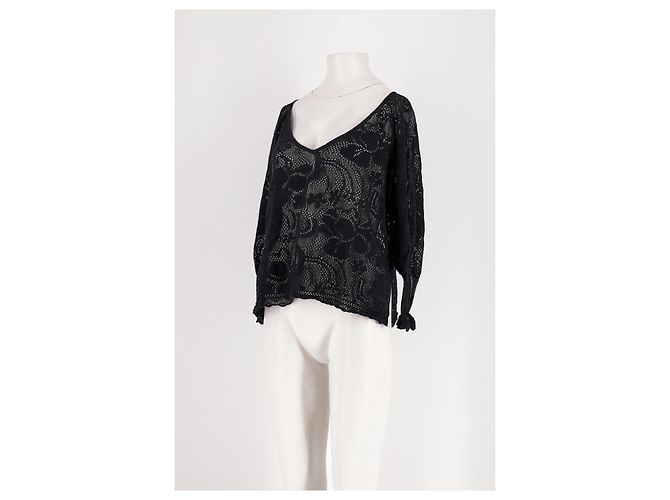 Pull Eric Bompard en coton noir col V dentelle florale - vue 3