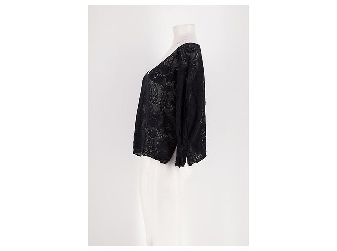 Pull Eric Bompard en coton noir col V dentelle florale - vue 4