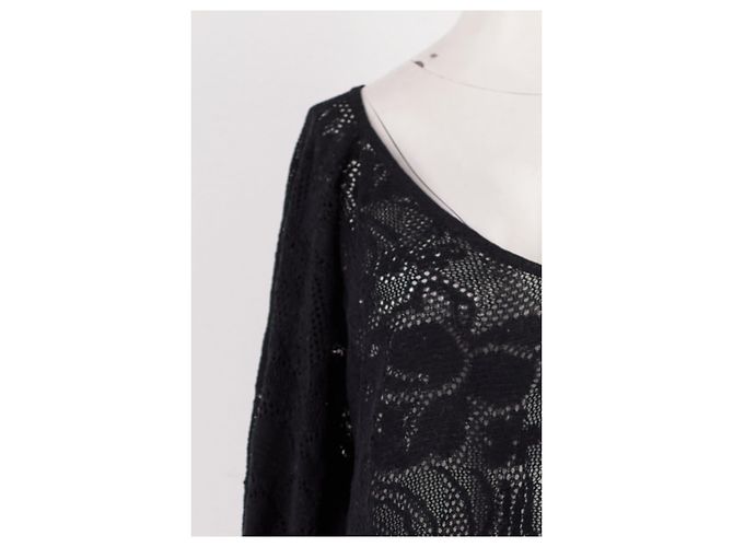 Pull Eric Bompard en coton noir col V dentelle florale - vue 6
