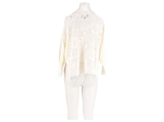 Maglione Eric Bompard in cotone bianco con scollo a V e pizzo - vista 2