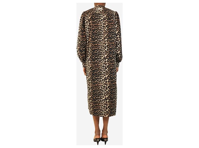 Ganni Abito button-down in denim marrone con stampa leopardata - size UK 8 - vista 2