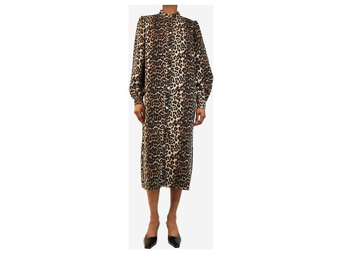 Ganni Abito button-down in denim marrone con stampa leopardata - size UK 8 - vista 3
