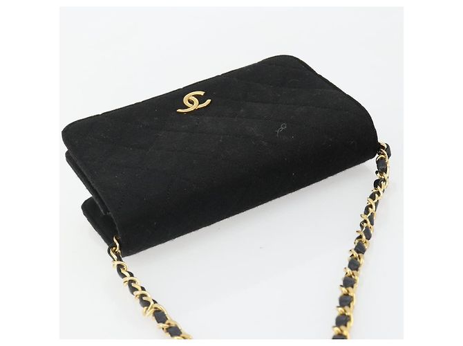 Bolso de hombro CHANEL Matelasse con cadena de algodón negro y dorado CC - vista 6