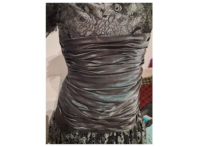 Jean Louis Scherrer Vestido de noche de encaje plateado y satén - vista 2