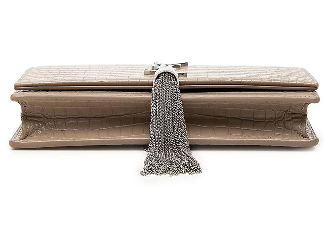 Autre Marque Saint Laurent Borsa a tracolla Kate Tassel in pelle goffrata croc marrone Small con monogramma - vista 3