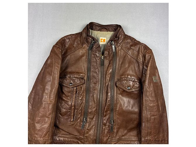 Hugo Boss Orange Braune Leder Bikerjacke Medium Echtleder Größe M / 48 - Ansicht 5