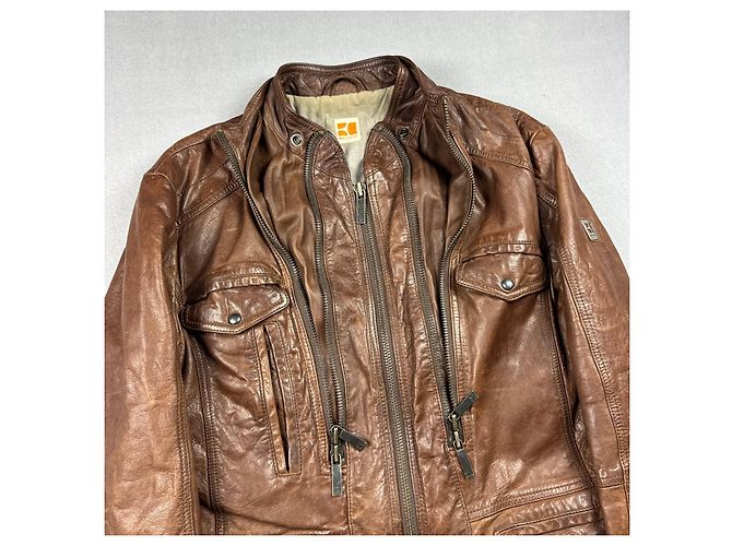 Hugo Boss Orange Braune Leder Bikerjacke Medium Echtleder Größe M / 48 - Ansicht 7