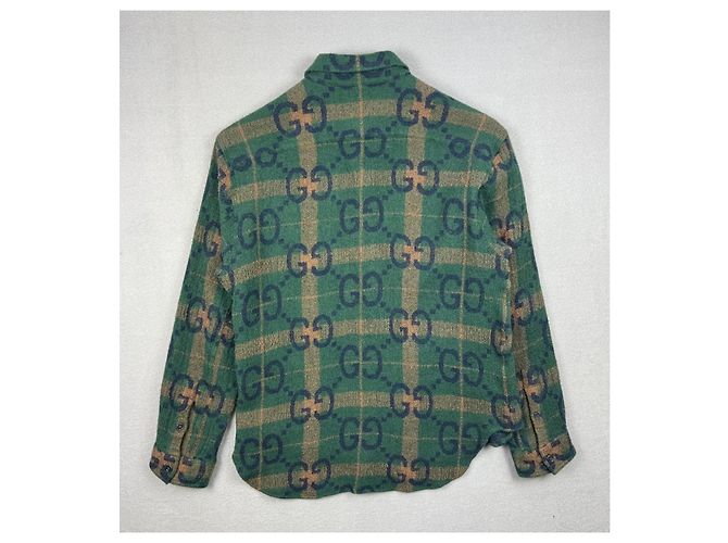 Camicia Gucci Jumbo GG da uomo in lana con logo monogramma verde Taglia S - vista 2