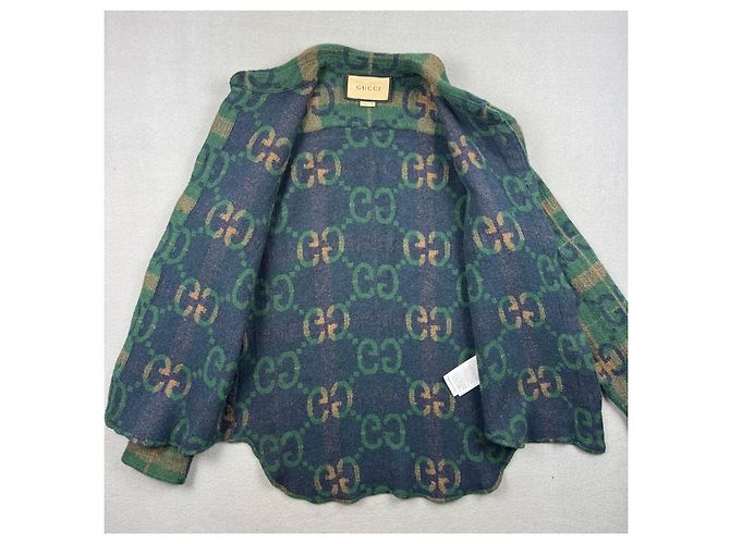Camicia Gucci Jumbo GG da uomo in lana con logo monogramma verde Taglia S - vista 3