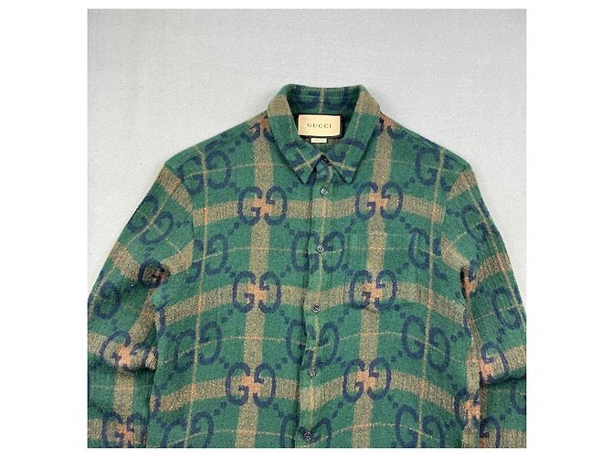 Camicia Gucci Jumbo GG da uomo in lana con logo monogramma verde Taglia S - vista 4