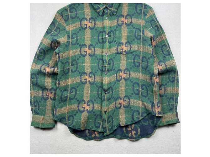Camicia Gucci Jumbo GG da uomo in lana con logo monogramma verde Taglia S - vista 5