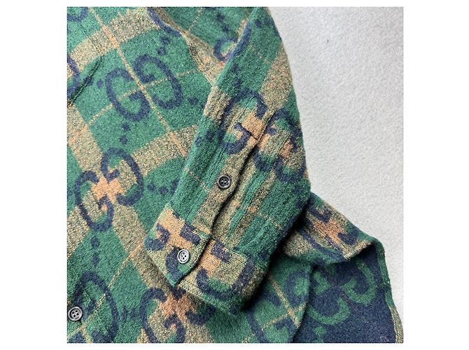 Camicia Gucci Jumbo GG da uomo in lana con logo monogramma verde Taglia S - vista 6