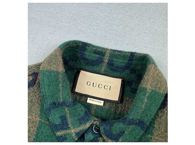 Camicia Gucci Jumbo GG da uomo in lana con logo monogramma verde Taglia S - vista 7