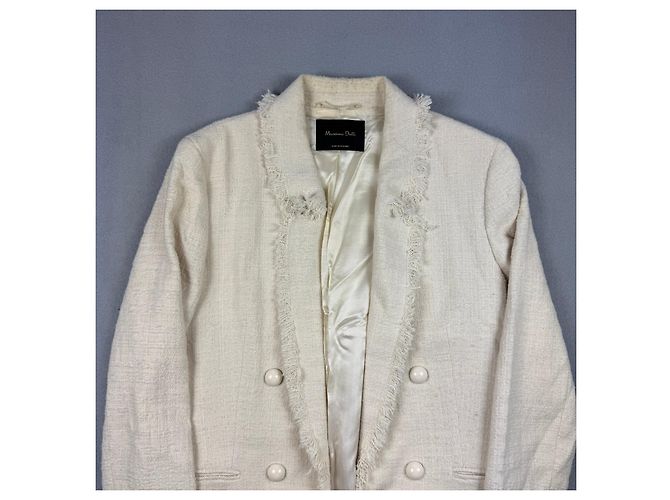 Massimo Dutti 6047 Abrigo de tweed crema cruzado con flecos para mujer Talla 42 / M-L - vista 3