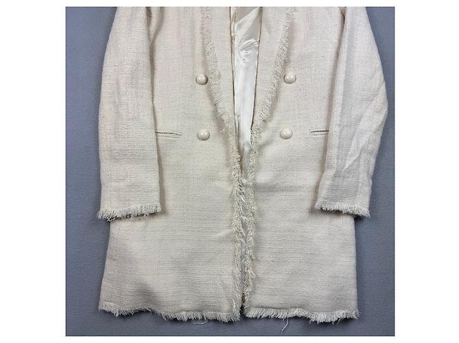Massimo Dutti 6047 Abrigo de tweed crema cruzado con flecos para mujer Talla 42 / M-L - vista 4