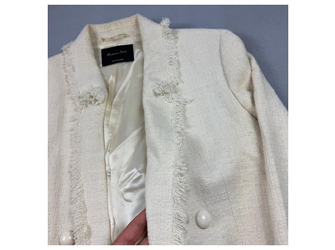 Massimo Dutti 6047 Abrigo de tweed crema cruzado con flecos para mujer Talla 42 / M-L - vista 6