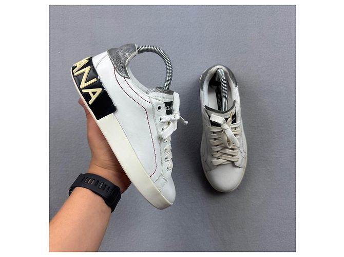 Dolce & Gabbana Sneakers Donna Pelle Bianca e Argento Taglia 38 - vista 2