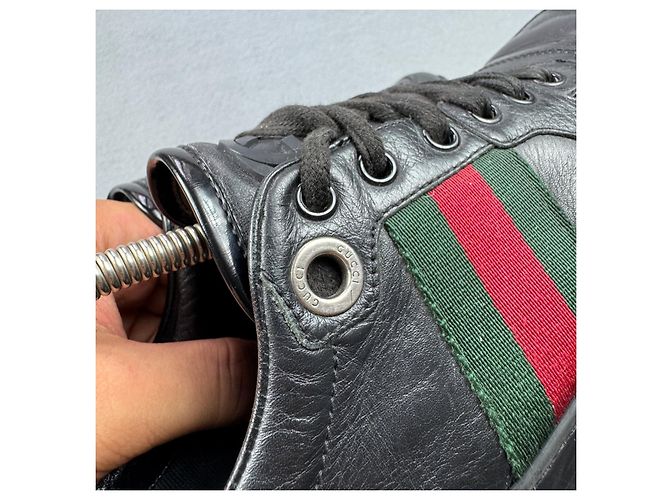 Sneakers Gucci Coda Web Stripe in pelle nera Taglia 40.5 / 25.5cm - vista 11