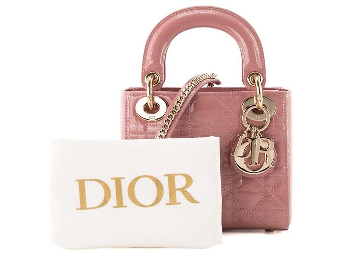 DIOR - Mini Lady Dior Schultertasche aus rosa lackiertem Cannage-Leder - Ansicht 9