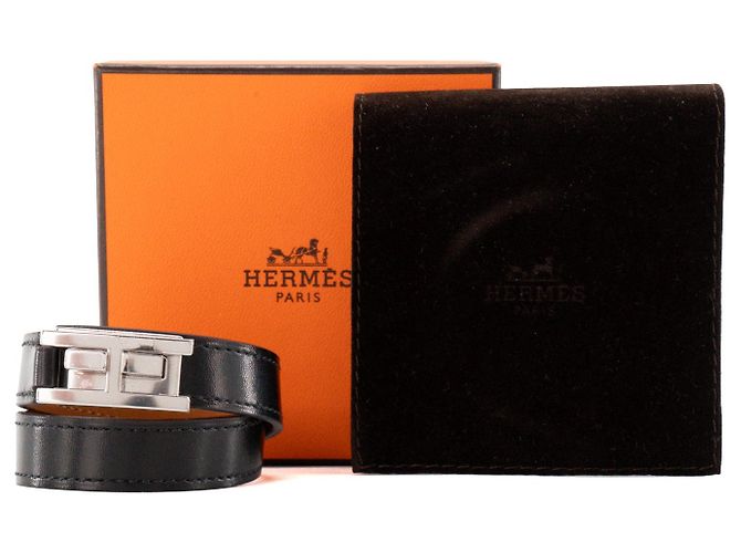 HERMÈS - Drag double tour Hermès Armband aus glattem schwarzem Leder (T2) - Ansicht 6