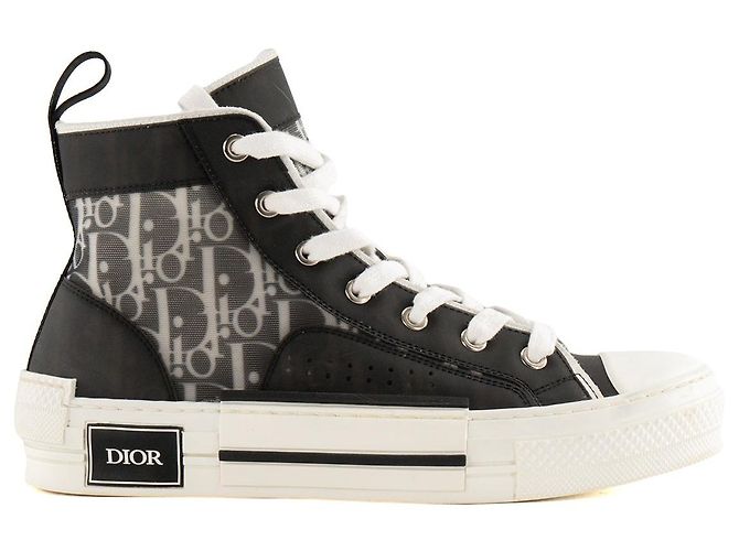 DIOR - Sneakers B23 High Dior in tela con motivo oblique e gomma nera e bianca (T38) - vista 2