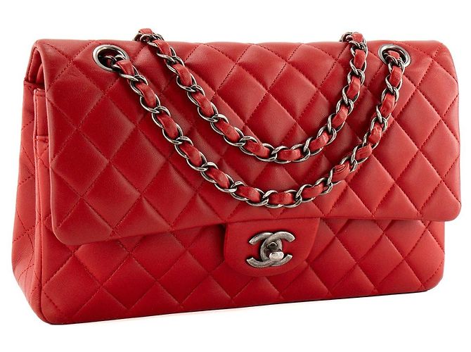 CHANEL - Classic/Timeless 11.12 Chanel Schultertasche aus rotem glattem Leder - Ansicht 2