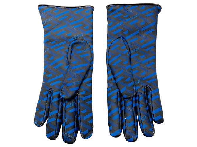 Versace Blue / Black Logo Print Lammleder-Handschuhe - Ansicht 2