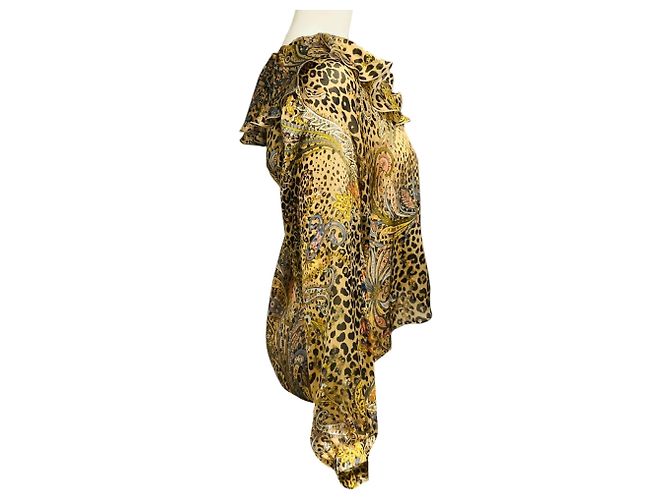 Etro Beige Multi Paisley und Leopard Print Moro Seidenhemd mit Rüschenkragen - Ansicht 2