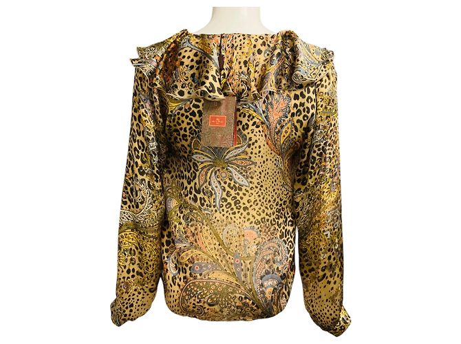 Etro Beige Multi Paisley und Leopard Print Moro Seidenhemd mit Rüschenkragen - Ansicht 3