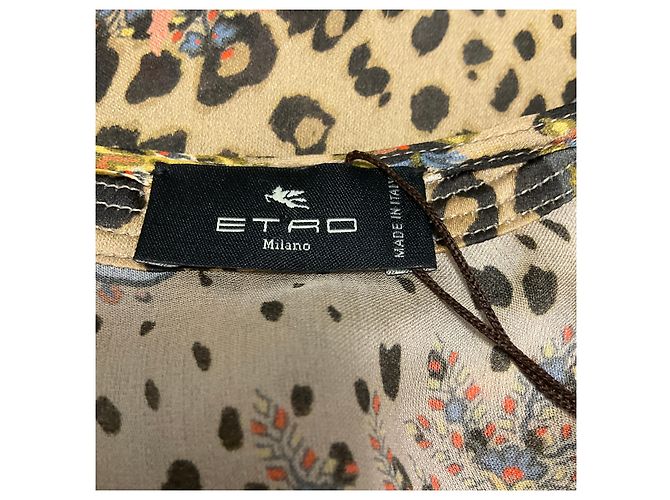 Etro Beige Multi Paisley und Leopard Print Moro Seidenhemd mit Rüschenkragen - Ansicht 4