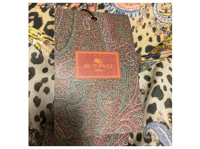 Etro Beige Multi Paisley und Leopard Print Moro Seidenhemd mit Rüschenkragen - Ansicht 5