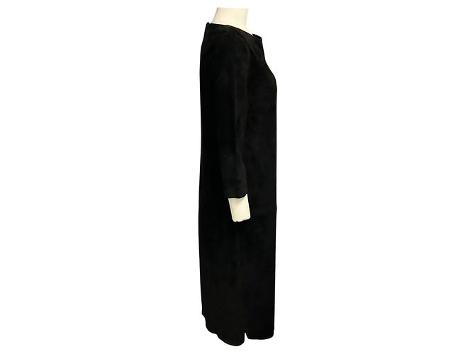 Jitrois Black Noir Kleid aus elastischem Lammleder-Wildleder mit Dreiviertelärmeln - Ansicht 2
