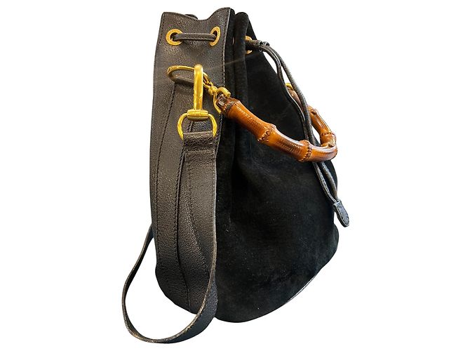 Bamboo Bolsa Bucket Gucci em camurça com cordão e alça de bambu - vista 2